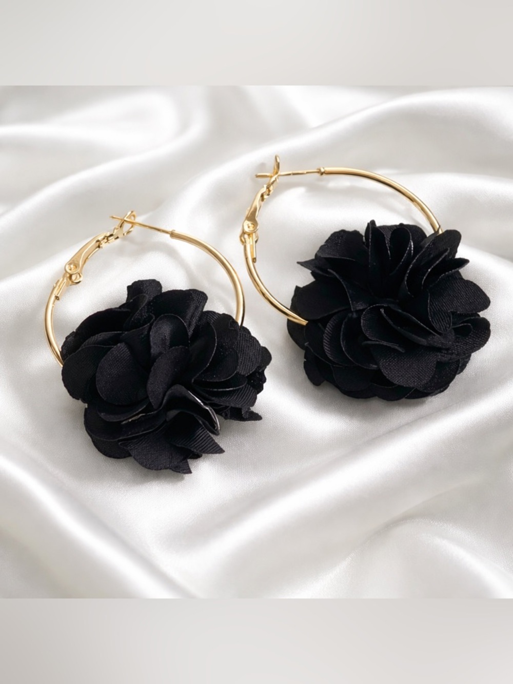Black Chiffon Flower Hoop Earrings